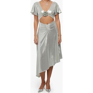 NWOT WeWoreWhat Metallic Silver Asymmetric Cutout Midi Dress Women's Small